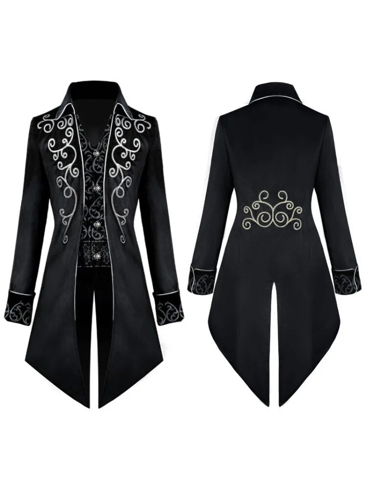 Halloween Silver Trim Tuxedo Medieval Retro Cosplay Costume Mid-Length Punk Men&#39;s Coat Jackets