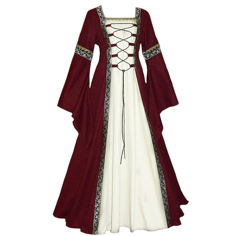 Halloween Women European Medieval Court Vampire Cosplay Costume Carnival Vintage Strapless Long Sleeve Queen Elegant Dress