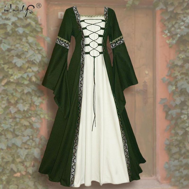 Halloween Women European Medieval Court Vampire Cosplay Costume Carnival Vintage Strapless Long Sleeve Queen Elegant Dress