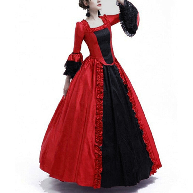 Halloween Women European Medieval Court Vampire Cosplay Costume Carnival Vintage Strapless Long Sleeve Queen Elegant Dress