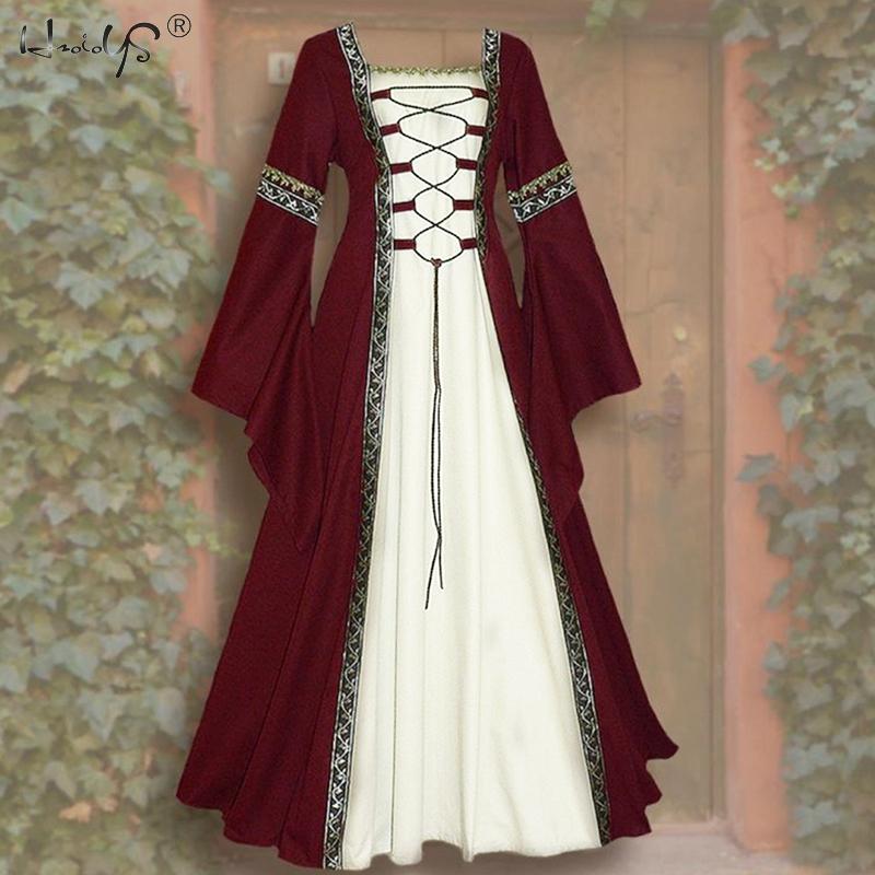 Halloween Women European Medieval Court Vampire Cosplay Costume Carnival Vintage Strapless Long Sleeve Queen Elegant Dress