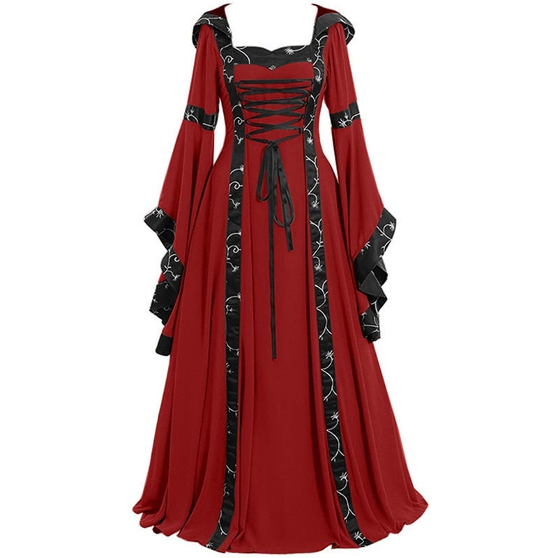 Halloween Women European Medieval Court Vampire Cosplay Costume Carnival Vintage Strapless Long Sleeve Queen Elegant Dress