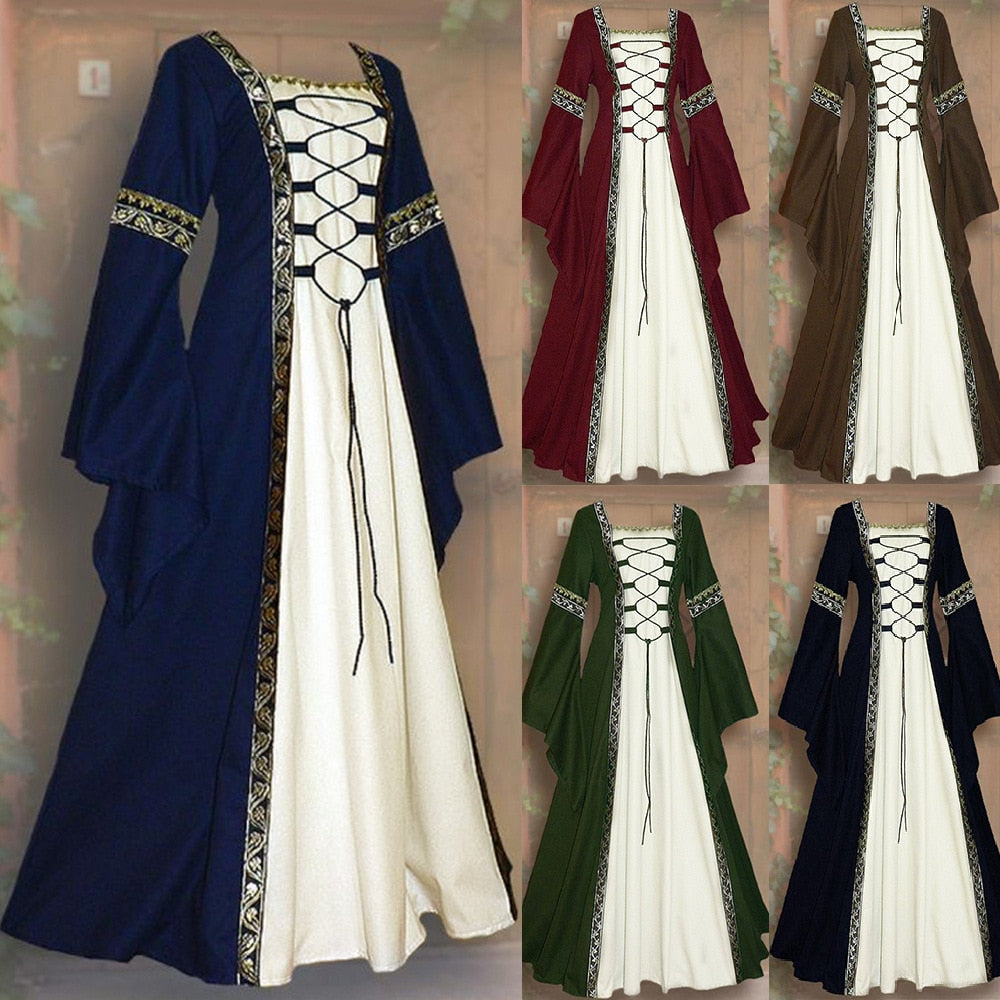 Halloween Women European Medieval Court Vampire Cosplay Costume Carnival Vintage Strapless Long Sleeve Queen Elegant Dress