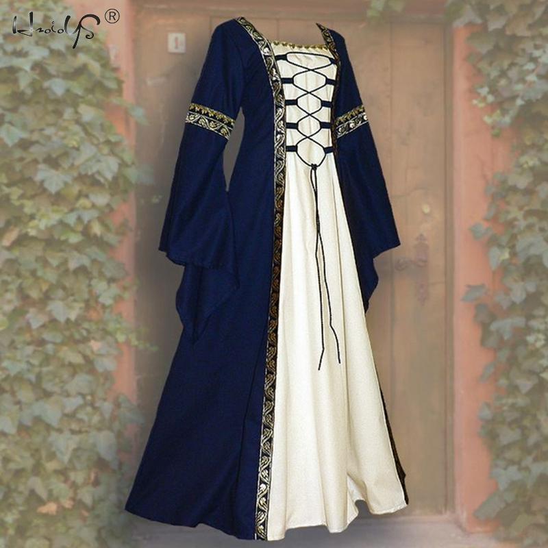 Halloween Women European Medieval Court Vampire Cosplay Costume Carnival Vintage Strapless Long Sleeve Queen Elegant Dress