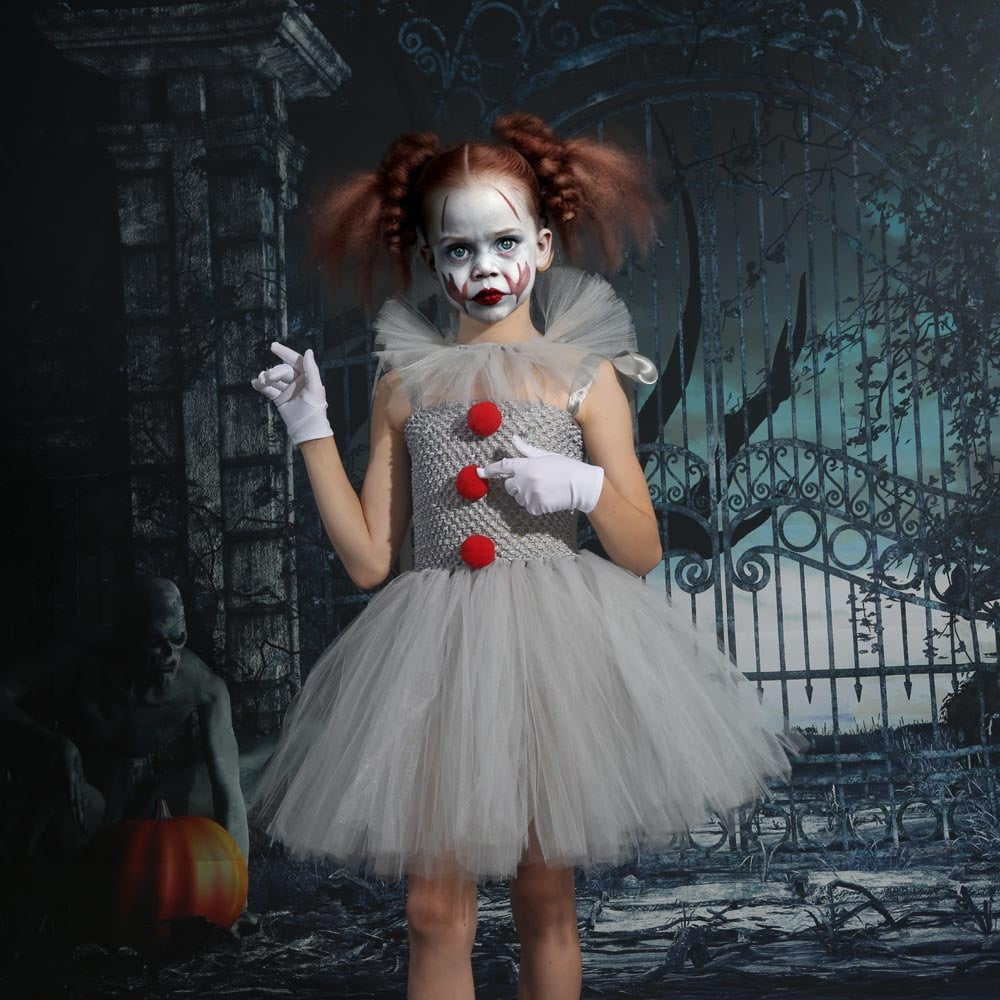 Joker Pennywise Girls Mesh Tutu Dress Horror Joker Halloween Costume Cosplay Costumes Kids Dresses Performance Clothing