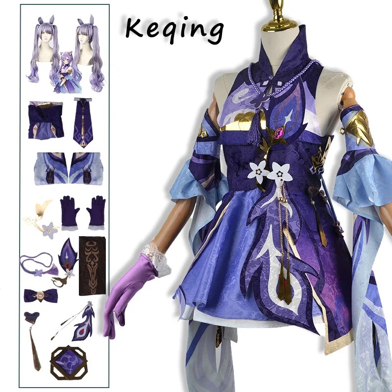 Keqing Cosplay Genshin Impact Costume Keqing Dress Wig Uniforms Halloween Clothes for Women Chinese Style  Purple Cute Lolita