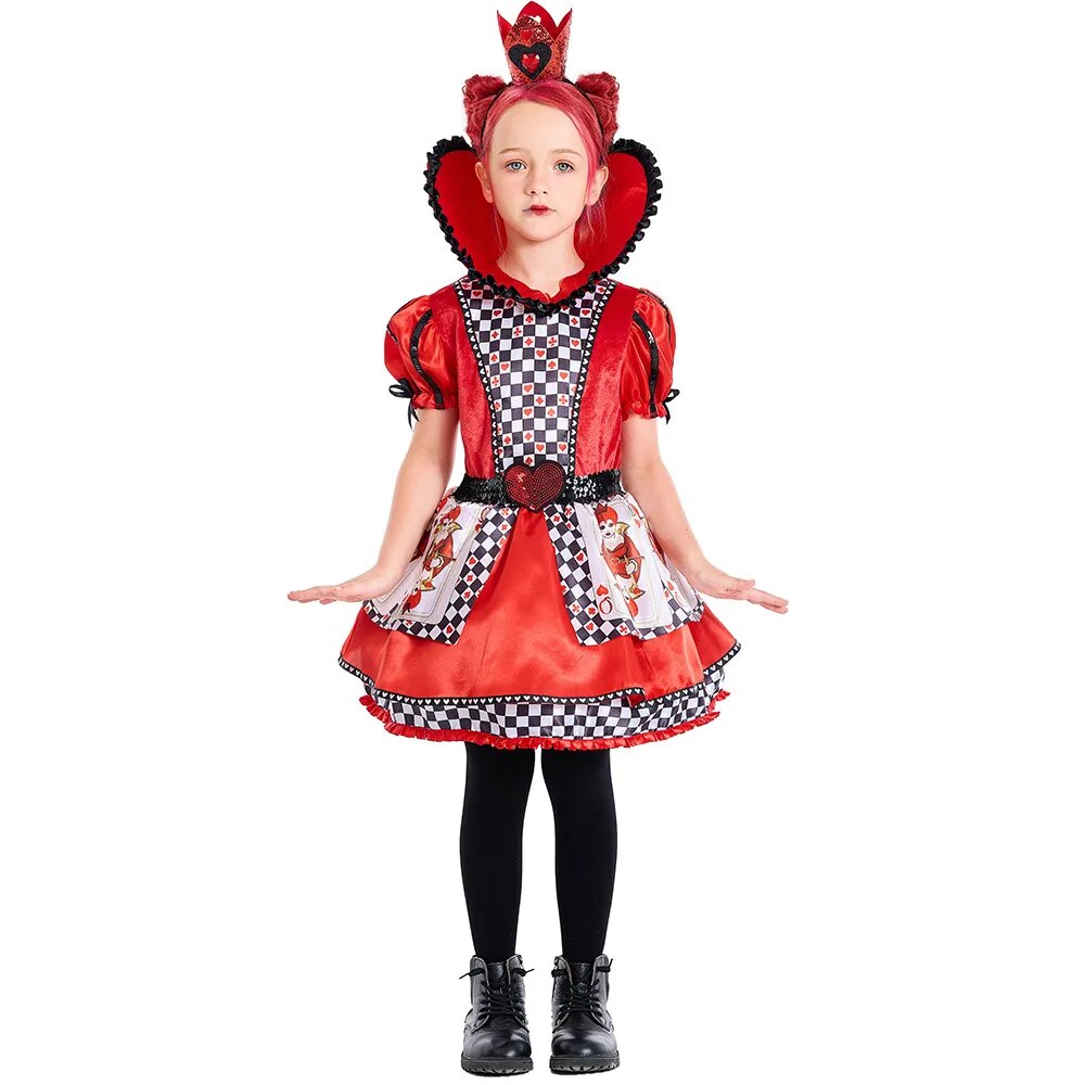 Kid Adult Queen of Hearts Alice in Wonderland Costume Poker Queen Cosplay Halloween Masquerade Costumes Sexy Dress with Headwear