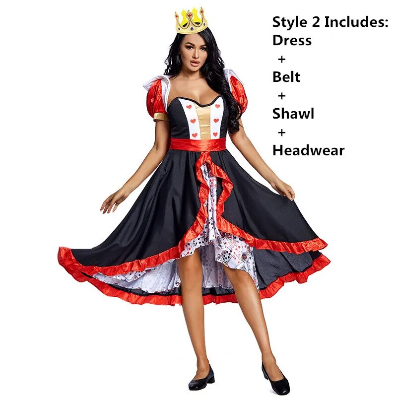 Kid Adult Queen of Hearts Alice in Wonderland Costume Poker Queen Cosplay Halloween Masquerade Costumes Sexy Dress with Headwear