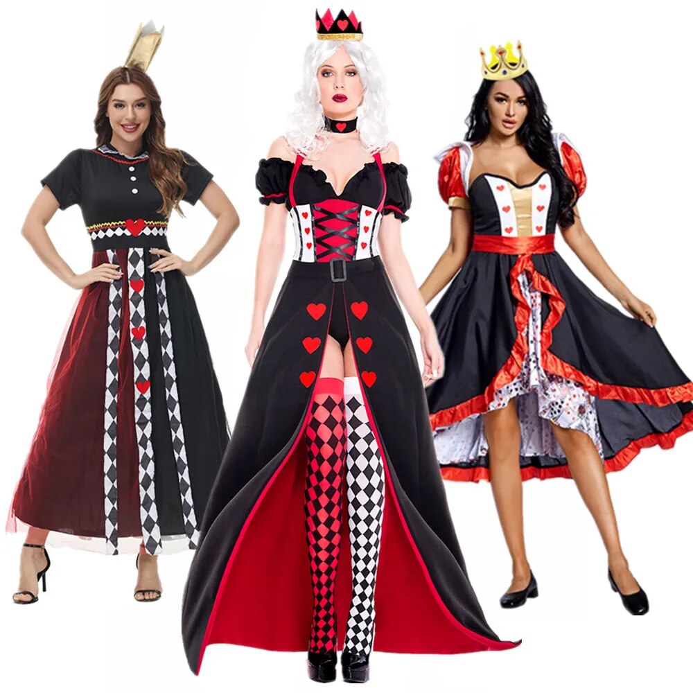 Kid Adult Queen of Hearts Alice in Wonderland Costume Poker Queen Cosplay Halloween Masquerade Costumes Sexy Dress with Headwear