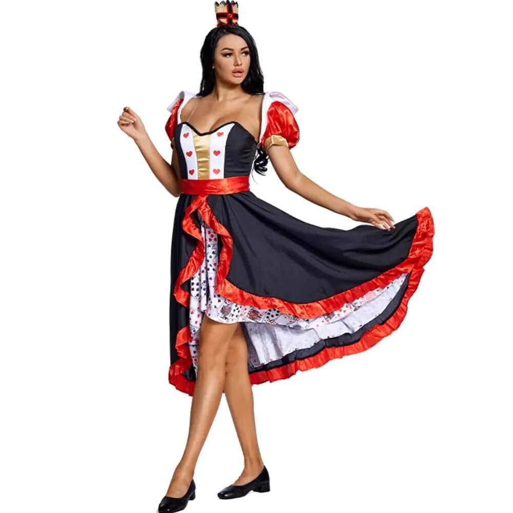 Kid Adult Queen of Hearts Alice in Wonderland Costume Poker Queen Cosplay Halloween Masquerade Costumes Sexy Dress with Headwear