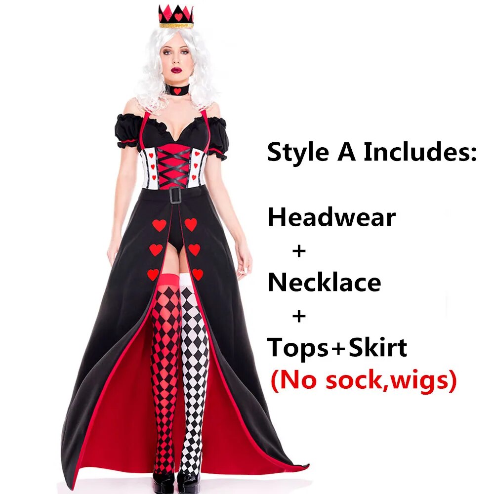 Kid Adult Queen of Hearts Alice in Wonderland Costume Poker Queen Cosplay Halloween Masquerade Costumes Sexy Dress with Headwear