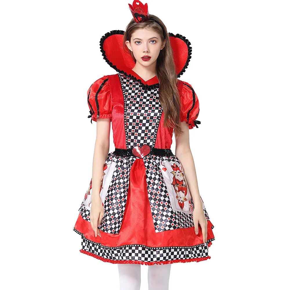 Kid Adult Queen of Hearts Alice in Wonderland Costume Poker Queen Cosplay Halloween Masquerade Costumes Sexy Dress with Headwear