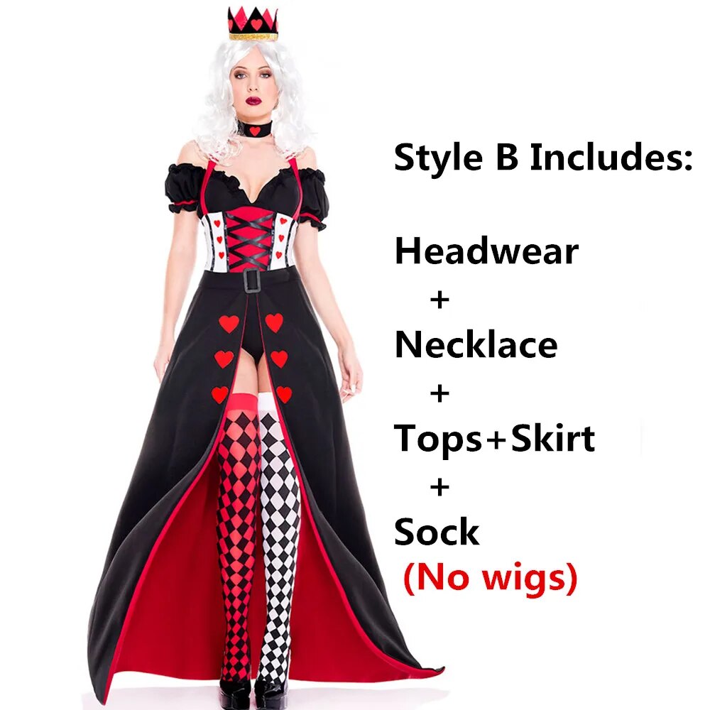 Kid Adult Queen of Hearts Alice in Wonderland Costume Poker Queen Cosplay Halloween Masquerade Costumes Sexy Dress with Headwear
