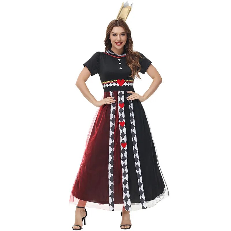 Kid Adult Queen of Hearts Alice in Wonderland Costume Poker Queen Cosplay Halloween Masquerade Costumes Sexy Dress with Headwear