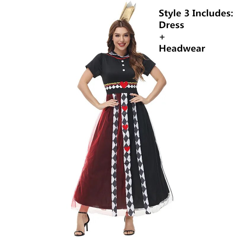 Kid Adult Queen of Hearts Alice in Wonderland Costume Poker Queen Cosplay Halloween Masquerade Costumes Sexy Dress with Headwear