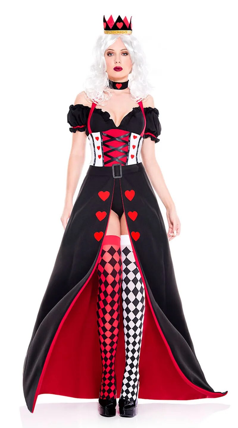 Kid Adult Queen of Hearts Alice in Wonderland Costume Poker Queen Cosplay Halloween Masquerade Costumes Sexy Dress with Headwear