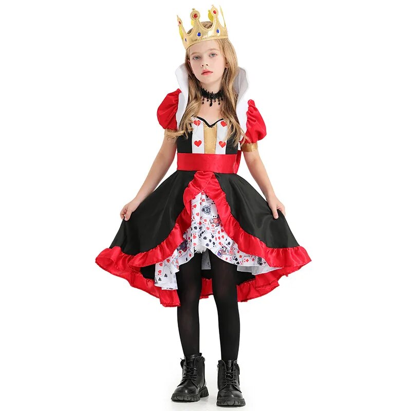 Kid Adult Queen of Hearts Alice in Wonderland Costume Poker Queen Cosplay Halloween Masquerade Costumes Sexy Dress with Headwear