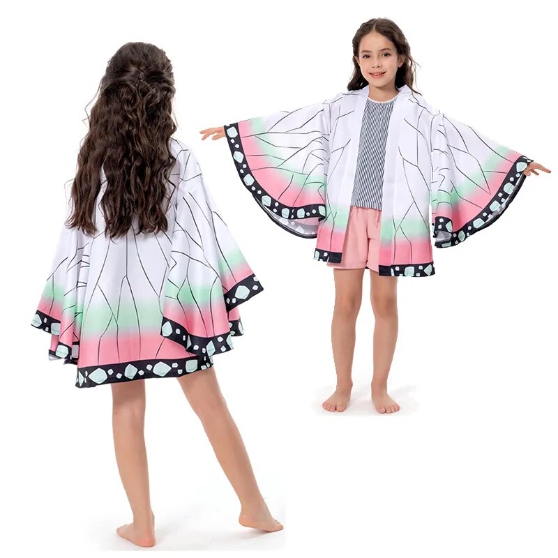 Kids Demon Slayer Kimetsu no Yaiba Kochou Shinobu Cosplay Anime Costume Kimono Coat Cape Boys Girls Cloak Halloween Party Suits