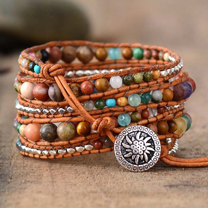 Leather Wrap Bracelets Women Graduated Natural Stones Silver Color Beads Multilayers Bracelets
