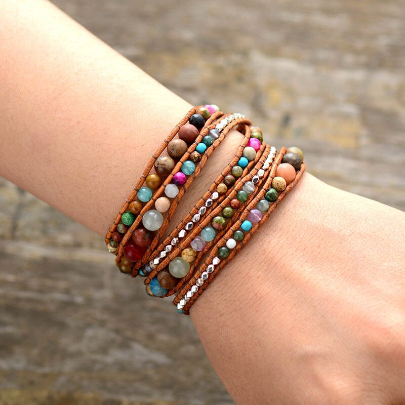 Leather Wrap Bracelets Women Graduated Natural Stones Silver Color Beads Multilayers Bracelets