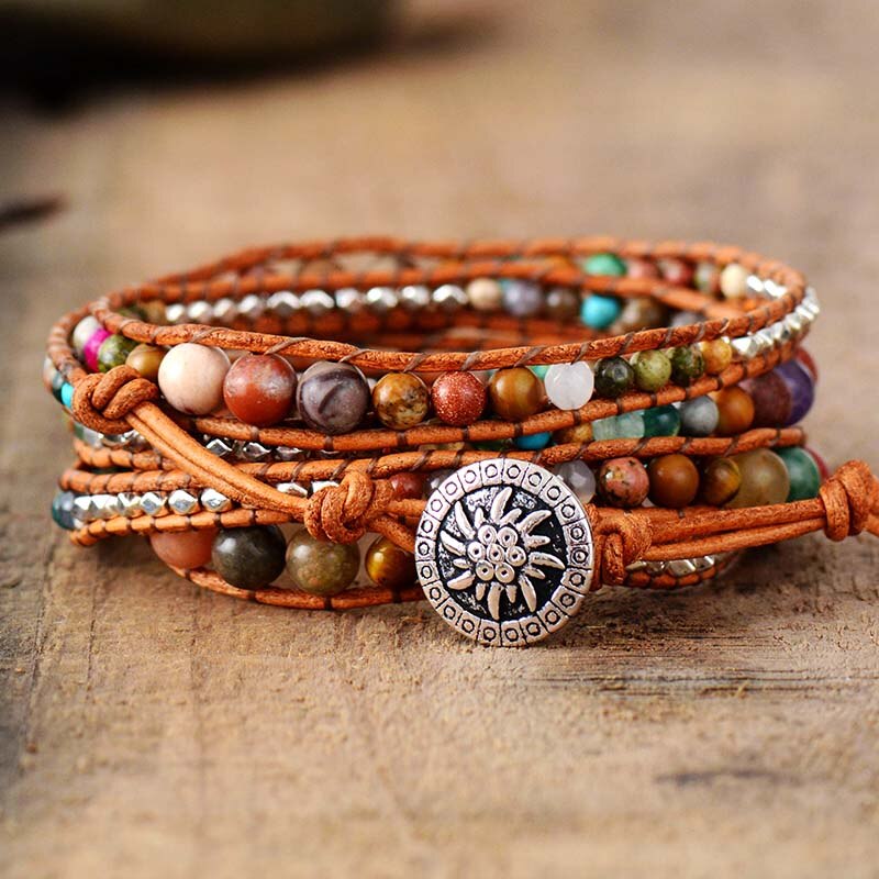 Leather Wrap Bracelets Women Graduated Natural Stones Silver Color Beads Multilayers Bracelets