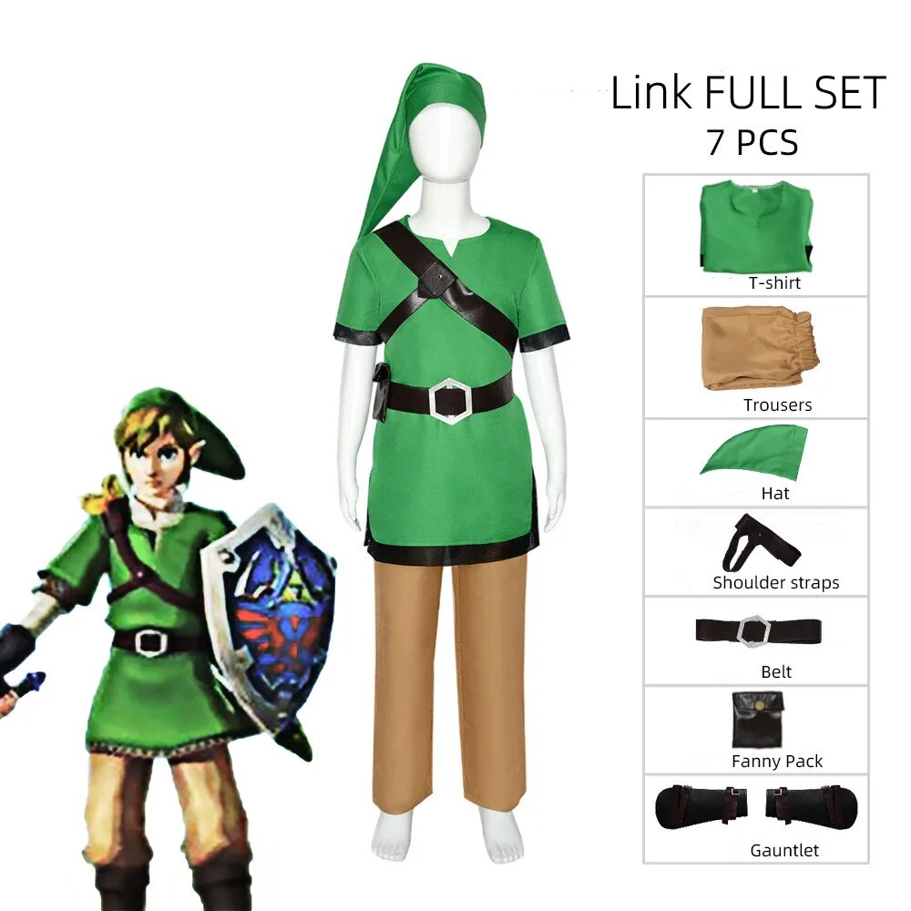 Link Full Set Green Shirt of The Legend Game of Zleda:Skyward Sword Unisex Adult Kids Halloween Party Cosplay Costume Uniform