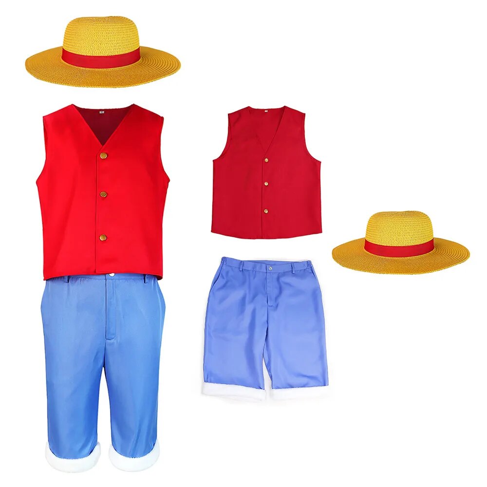 Luffy Cosplay Vest Pants Hat Costume Anime One Cos Piece Disguise Whole Outfits Women Men Adult Halloween Carnival RolePlay Suit