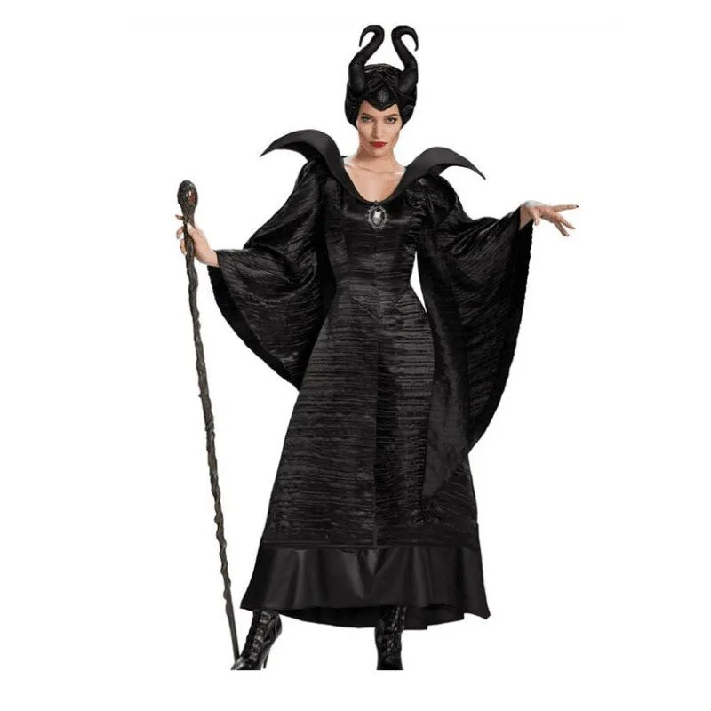 Maleficent Cosplay Demon Witch Costume Halloween Game Uniform Dress Ox Horn Headwear