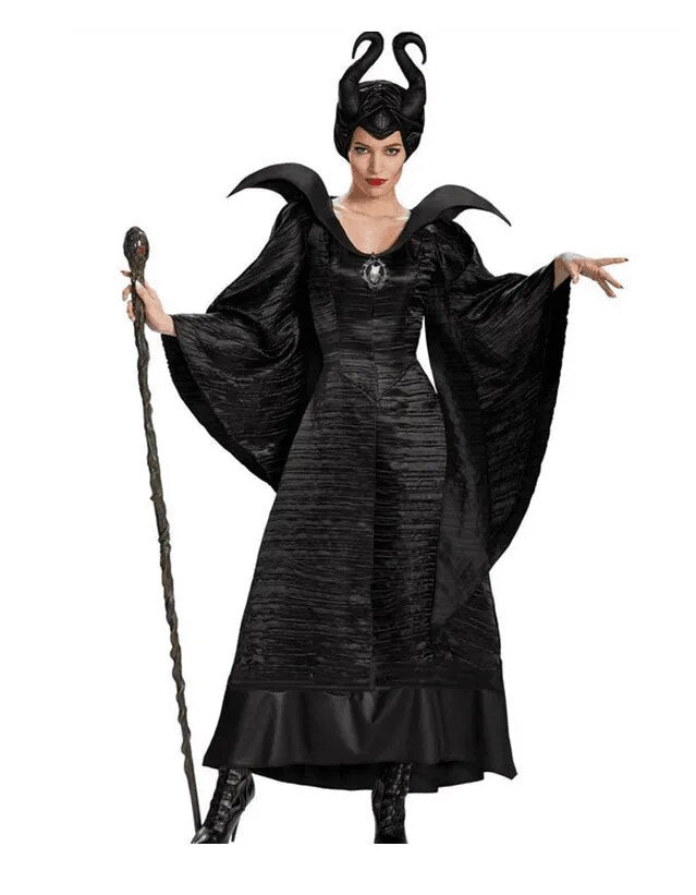 Maleficent Cosplay Demon Witch Costume Halloween Game Uniform Dress Ox Horn Headwear