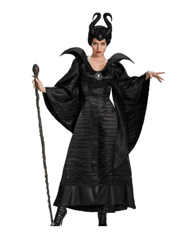 Maleficent Cosplay Demon Witch Costume Halloween Game Uniform Dress Ox Horn Headwear