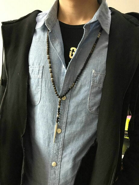 Man Chain Necklace High End 6MM Bronzite Black Onyx Spike Pendant Men Cool Rosary Necklaces Male Women Gothic Jewelry