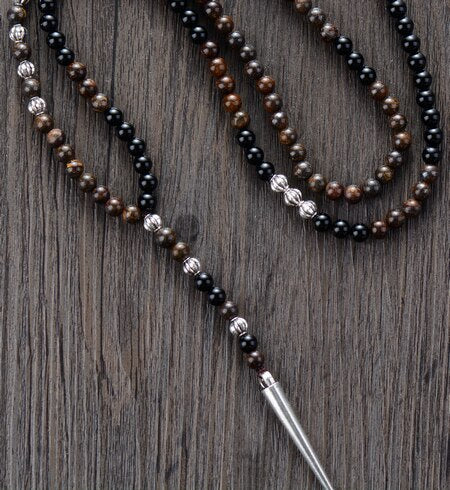 Man Chain Necklace High End 6MM Bronzite Black Onyx Spike Pendant Men Cool Rosary Necklaces Male Women Gothic Jewelry