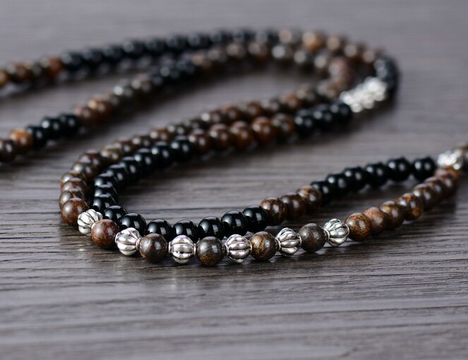 Man Chain Necklace High End 6MM Bronzite Black Onyx Spike Pendant Men Cool Rosary Necklaces Male Women Gothic Jewelry