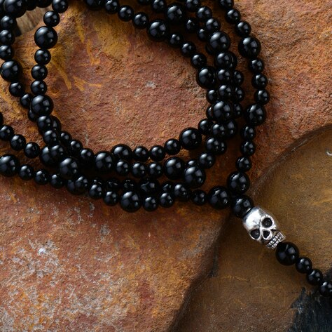 Necklace Black Onyx Skull Men Rosary Necklaces Beads Punk Couple Neck Chain Men Jewelry Bijou