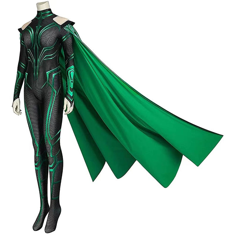 Thor 3 Ragnarok Supervillain Hela Cosplay Costume Jumpsuit Bodysuit Cloak Halloween Cosplay Costumes for Aldult Women