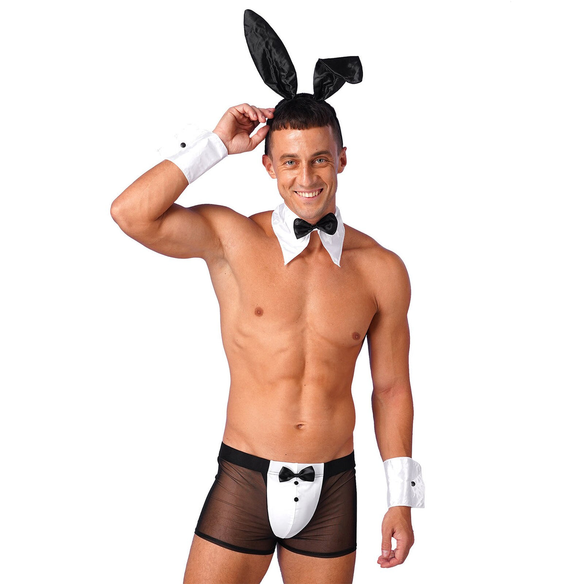 Men Waiter Tuxedo Lingerie Sexy Cosplay Costume Role Play Uniform See Through Briefs Underwear with Bunny Ears Headband Collar