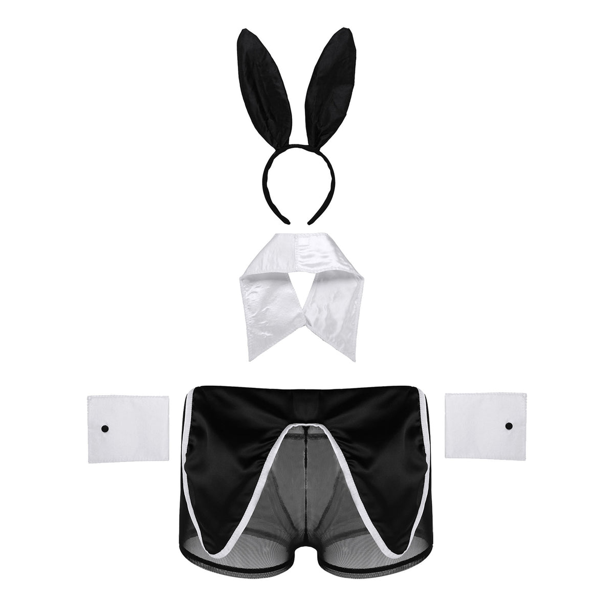 Men Waiter Tuxedo Lingerie Sexy Cosplay Costume Role Play Uniform See Through Briefs Underwear with Bunny Ears Headband Collar