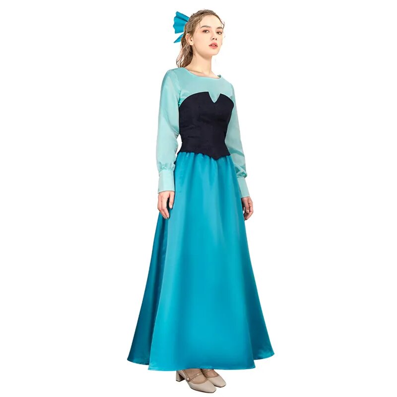 Mermaid Princes Cosplay Dress Long Sleeve Gown Blue One-piece Splicing Dresses With Headwear Halloween Women Girl Costumes