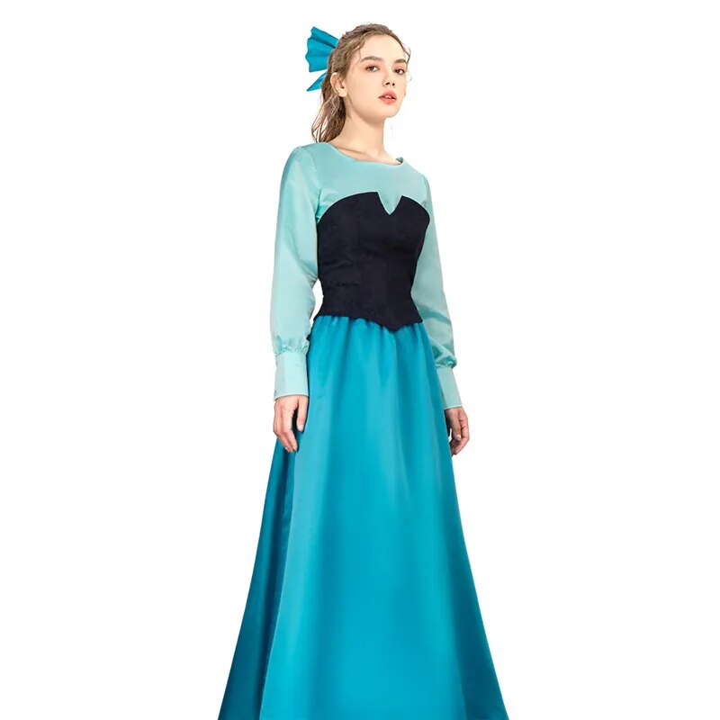 Mermaid Princes Cosplay Dress Long Sleeve Gown Blue One-piece Splicing Dresses With Headwear Halloween Women Girl Costumes