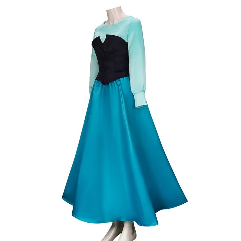 Mermaid Princes Cosplay Dress Long Sleeve Gown Blue One-piece Splicing Dresses With Headwear Halloween Women Girl Costumes