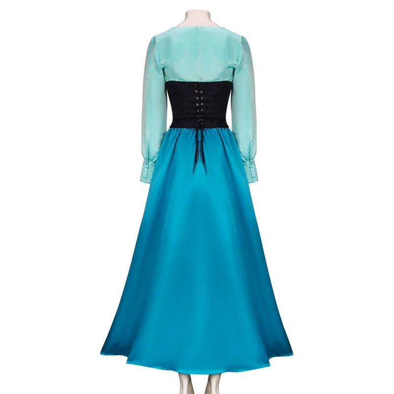 Mermaid Princes Cosplay Dress Long Sleeve Gown Blue One-piece Splicing Dresses With Headwear Halloween Women Girl Costumes
