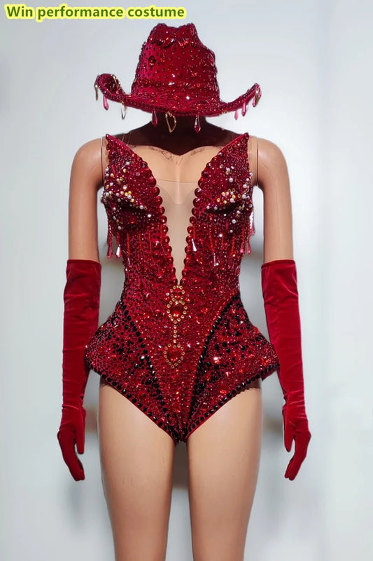 Colorful Rhinestone Bodysuit with Gloves and Hat for Parties and Performances