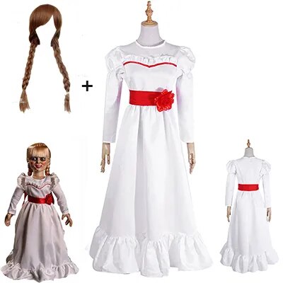 Movie Annabel Cosplay Costume for Women Kids Adult Halloween Costumes and Wig Horror Scary Fancy White Dress Outfits