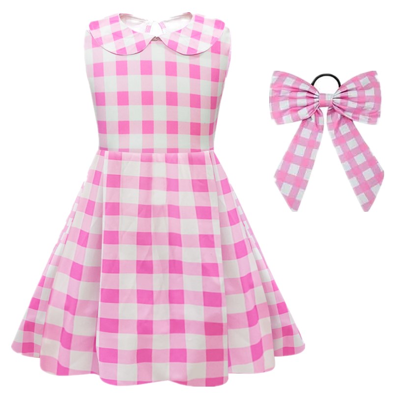 Movie Berbie Costume for Girls Pink Plaid Barbi Cosplay Kids Princess Dress Birthday Halloween Carnival Party Vestidos 3-10 Yrs