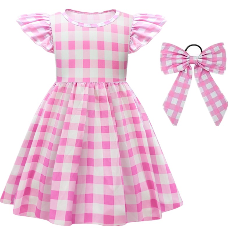 Costume for Girls Pink Plaid Barbi Cosplay Kids Princess Dress Birthday Halloween Carnival Party Vestidos 3-10 Yrs