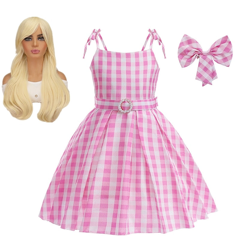 Movie Berbie Costume for Girls Pink Plaid Barbi Cosplay Kids Princess Dress Birthday Halloween Carnival Party Vestidos 3-10 Yrs
