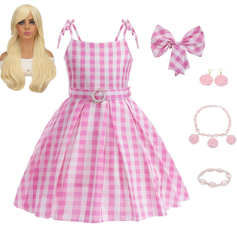 Movie Berbie Costume for Girls Pink Plaid Barbi Cosplay Kids Princess Dress Birthday Halloween Carnival Party Vestidos 3-10 Yrs