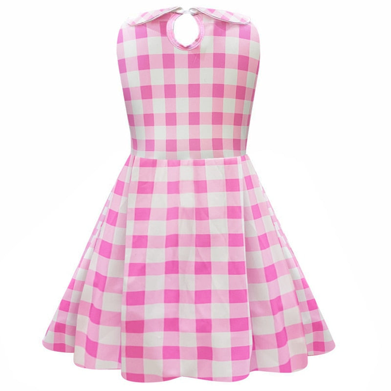 Movie Berbie Costume for Girls Pink Plaid Barbi Cosplay Kids Princess Dress Birthday Halloween Carnival Party Vestidos 3-10 Yrs