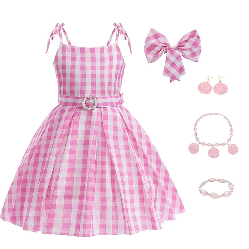 Movie Berbie Costume for Girls Pink Plaid Barbi Cosplay Kids Princess Dress Birthday Halloween Carnival Party Vestidos 3-10 Yrs