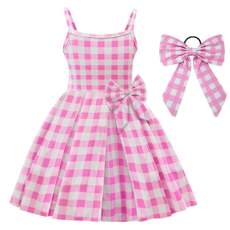 Movie Berbie Costume for Girls Pink Plaid Barbi Cosplay Kids Princess Dress Birthday Halloween Carnival Party Vestidos 3-10 Yrs